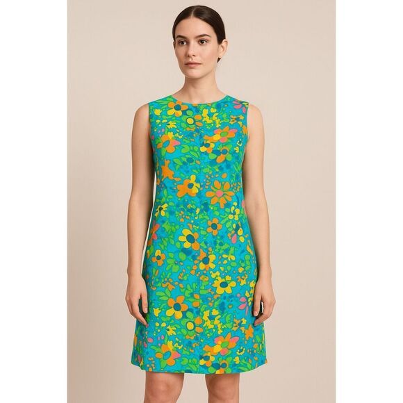 Sears Retro Vintage Floral‎ Shift Dress Blue Multi Size S - Picture 1 of 11